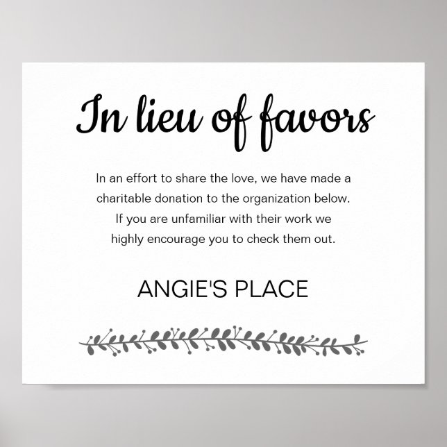 In Lieu Of Favours Charity Donation Wedding Poster (Front)