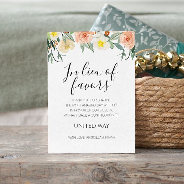 In Lieu Of Favours Peach Flowers Charity Wedding Place Card (Creator Uploaded)