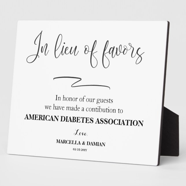 In lieu of favours sign Tabletop Plaque with Easel (Side)