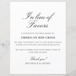 In Lieu of Favours Wedding Donation Sign
