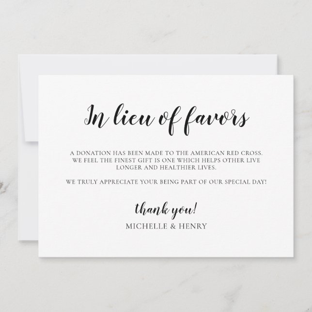 In Lieu of Favours Wedding Donation Sign Invitation (Front)