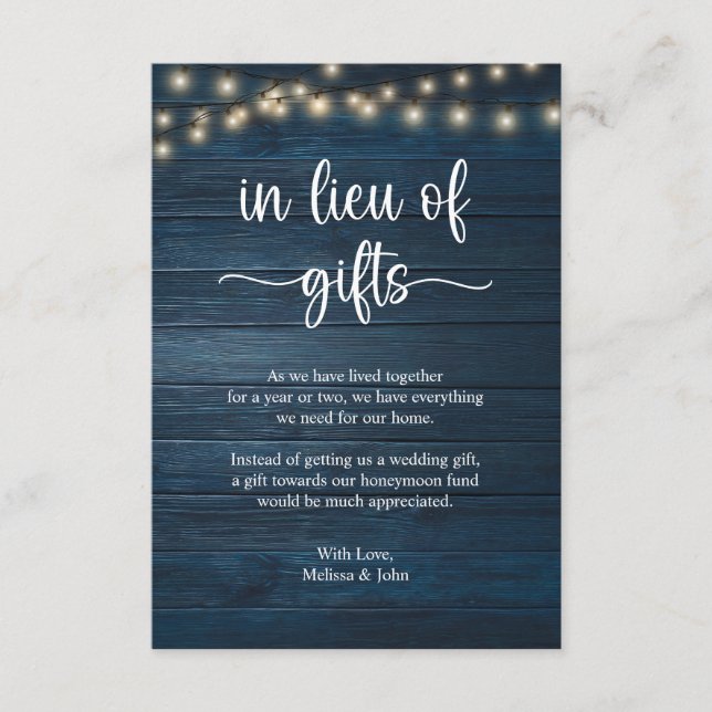 in lieu of gifts Rustic String Lights Navy Blue Enclosure Card (Front)