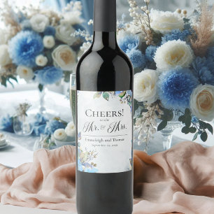 In Love Blue Watercolor Floral Wedding Wine Label