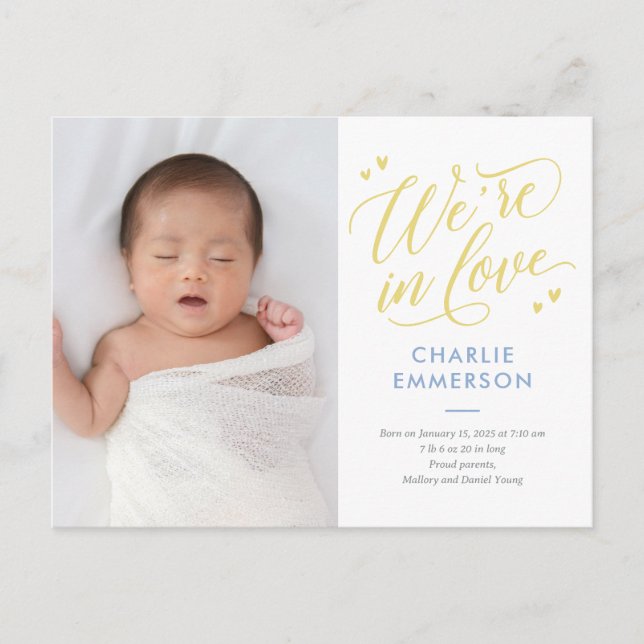 In Love EDITABLE COLOR Birth Announcement Postcard (Front)