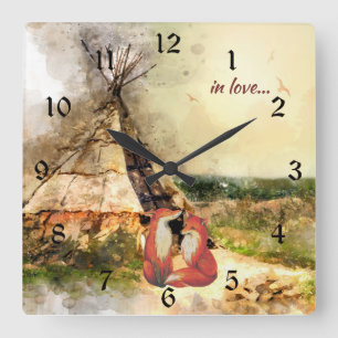 in love ~ Tribal Tipi and Beautiful Foxes Teepee Square Wall Clock