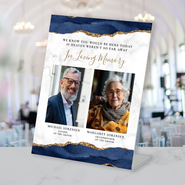 In Loving Memory 2 Photo Blue Agate Marble Wedding Pedestal Sign (Creator Uploaded)