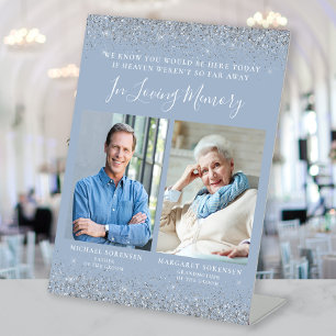 In Loving Memory 2 Photo Dusty Blue Silver Wedding Pedestal Sign
