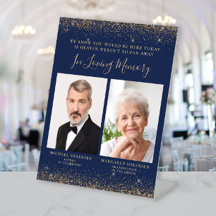In Loving Memory 2 Photo Navy Blue Gold Wedding Pedestal Sign