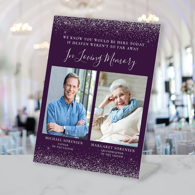 In Loving Memory 2 Photo Purple Silver Wedding Pedestal Sign (Creator Uploaded)