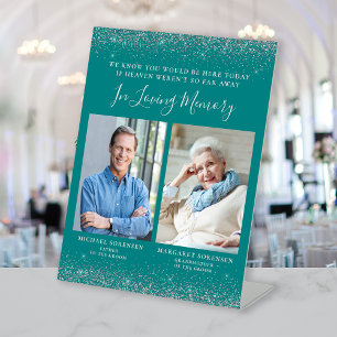 In Loving Memory 2 Photo Teal Blue Silver Wedding Pedestal Sign