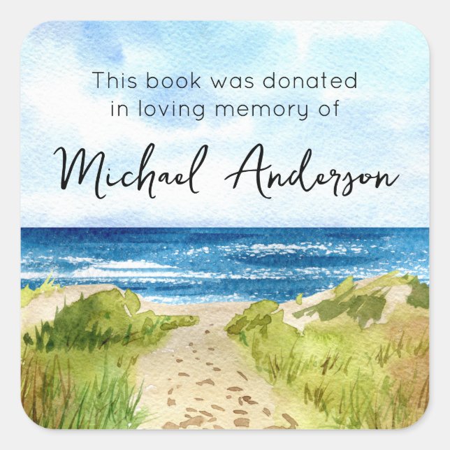 In Loving Memory Beach Book Donation Bookplate Square Sticker (Front)