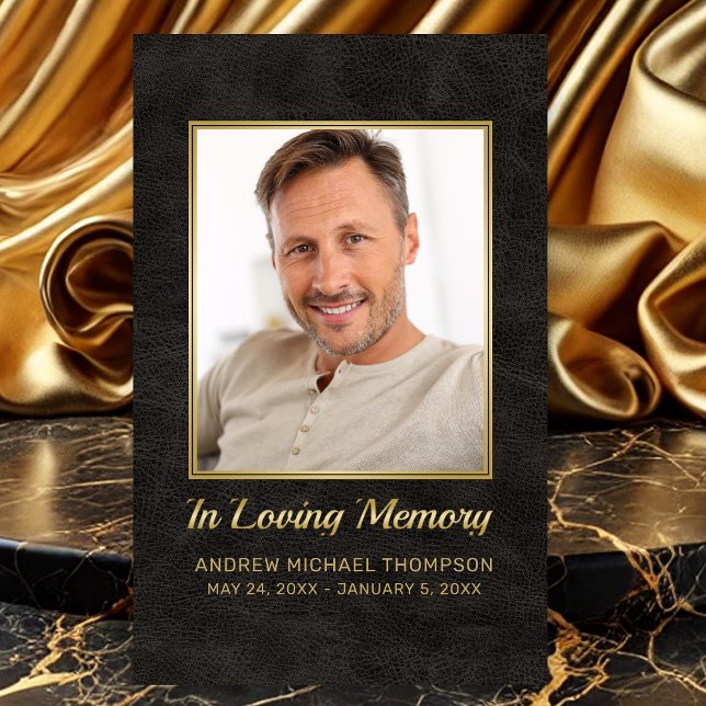 In Loving Memory Black Gold Photo Funeral Card (Memorial In Loving Memory Black and Gold Photo Funeral Card Personalized with a Poem or Prayer)