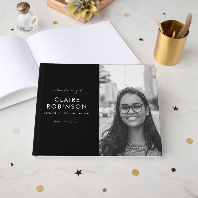 In Loving Memory Black White Photo Script Funeral Guest Book (Front Open)