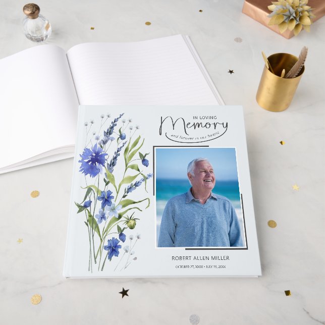 In Loving Memory Blue Floral Funeral Guest Book (Front Open)