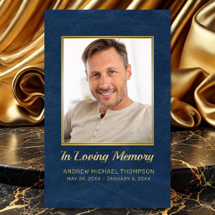 In Loving Memory Blue Gold Photo Funeral Card
