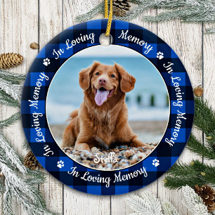 In Loving Memory Blue Plaid Dog Photo Pet Memorial Ceramic Tree Decoration