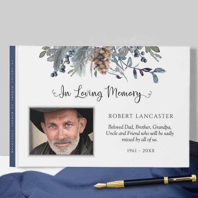 In Loving Memory Blue Rustic Floral Funeral Photo Guest Book (Creator Uploaded)