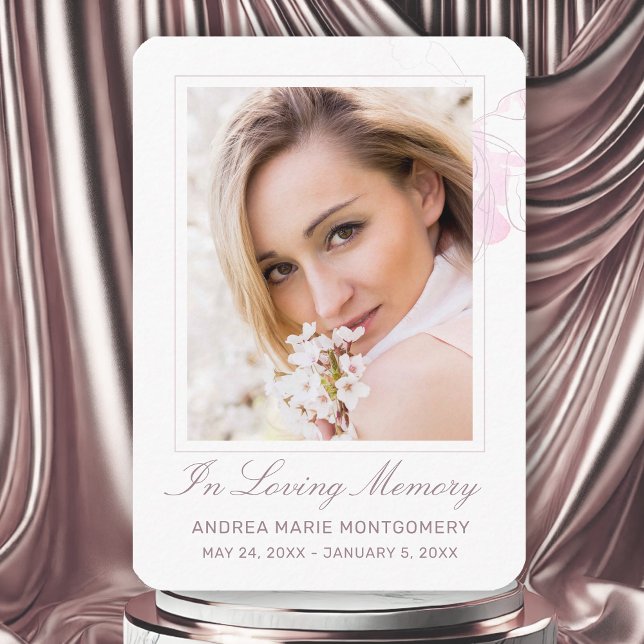 In Loving Memory Blush Pink Floral Photo Funeral Business Card (Modern Elegant Cherry Blossom Watercolor Photo Funeral Card for Women)