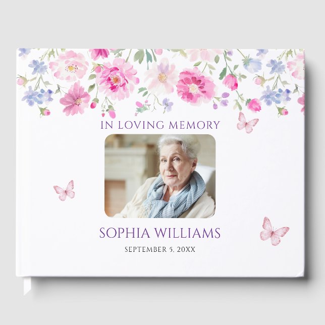 In Loving Memory Bright Pink Wildflowers Guest Book (Front)
