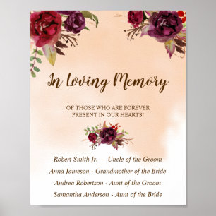 In Loving Memory Burgundy Flowers Wedding Sign