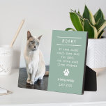 In Loving Memory Cat Personalised Photo Memorial Plaque<br><div class="desc">A beautiful personalised pet memorial plaque to honour the memory of a beloved furry family member. Includes a photo, name of the cat, their lifespan, a paw print detail, and a custom quote - the default quote is "If love alone could have kept you here, you would have lived forever"....</div>