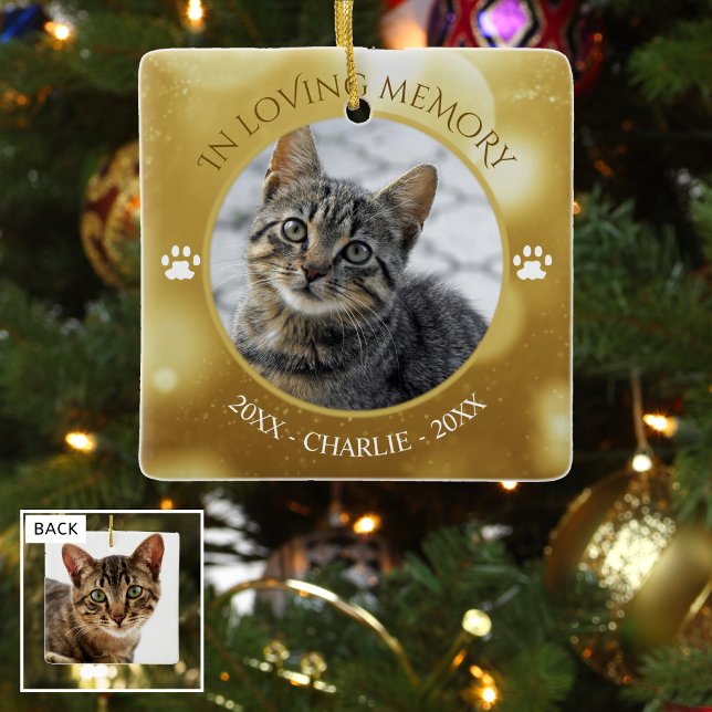 In Loving Memory Cat Photo Gold Keepsake Ceramic Ornament (Creator Uploaded)