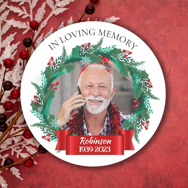In Loving Memory Christmas Wreath Grandpa Photo Classic Round Sticker (Creator Uploaded)