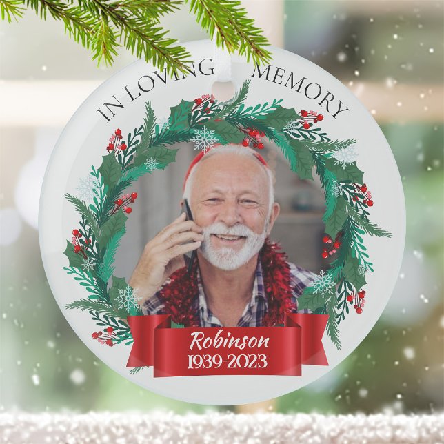 In Loving Memory Christmas Wreath Grandpa Photo Glass Tree Decoration (Creator Uploaded)