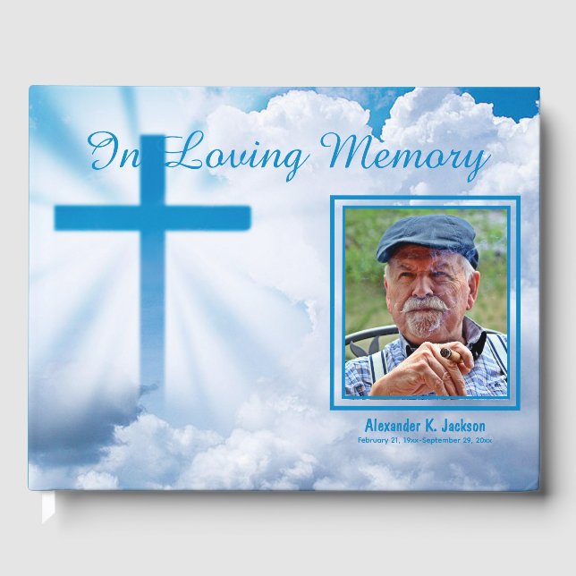 In Loving Memory Clouds Blue Christian Cross Guest Book (Front)