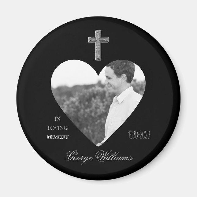 In Loving Memory Cross Heart Shape Photo Memorial Magnet (Front)