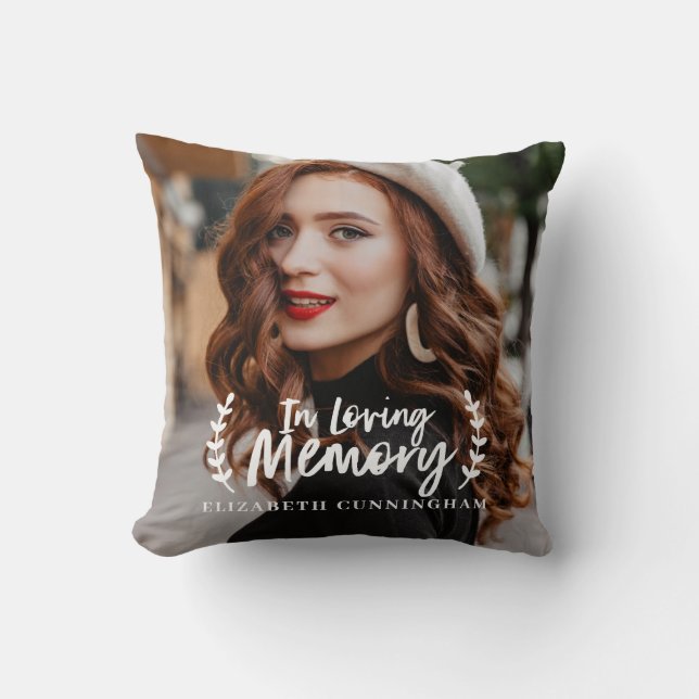 In Loving Memory Cursive Foliage Photo Memorial Cushion (Front)