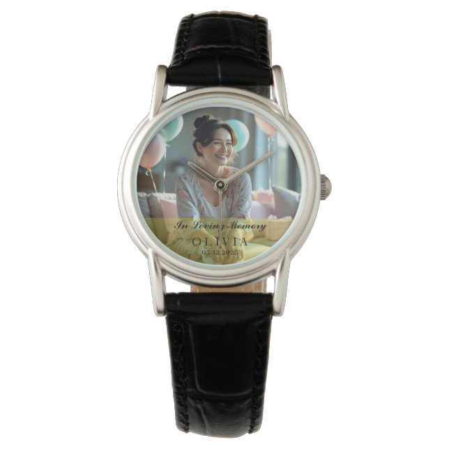 In Loving Memory Custom Photo ClassicBlack Leather Watch (Front)