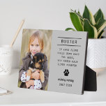 In Loving Memory Dog Personalised Photo Memorial Plaque<br><div class="desc">A beautiful personalised pet memorial home accent piece to honour the memory of a beloved furry family member. Includes a photo, name of the dog, their lifespan, a paw print detail, and a custom quote - the default quote is "If love alone could have kept you here, you would have...</div>
