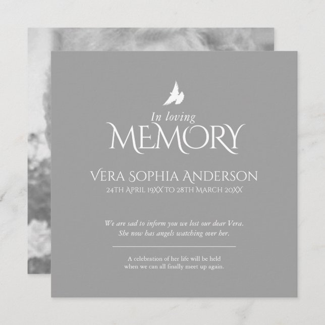 In loving memory dove photo death announcement (Front/Back)