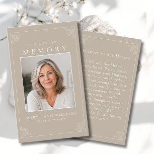 "In loving Memory" Elegant Beige Photo Prayer Card