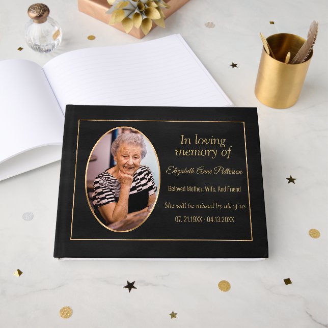 In Loving Memory Elegant Black Gold Photo Memorial Guest Book (Front Open)