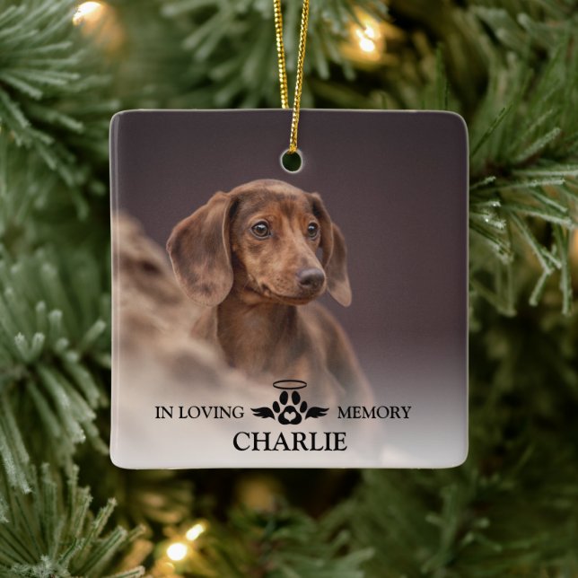In Loving Memory Elegant Dog Photo Pet Memorial Ceramic Ornament (Tree)