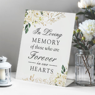 In Loving Memory Elegant Green White Rose Floral Pedestal Sign