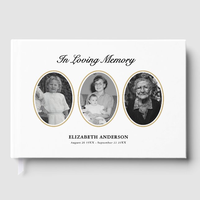 In Loving Memory Elegant Script 4-Photo Guest Book (Front)