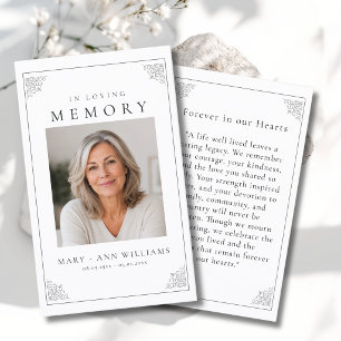"In loving Memory" Elegant White Photo Prayer Card