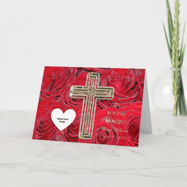 In Loving Memory Floral Red Roses Faux Gold Cross Holiday Card (Front)