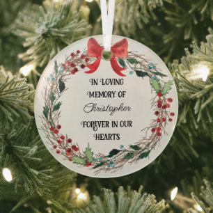 In Loving Memory Forever in our Hearts Rust Wreath Glass Tree Decoration
