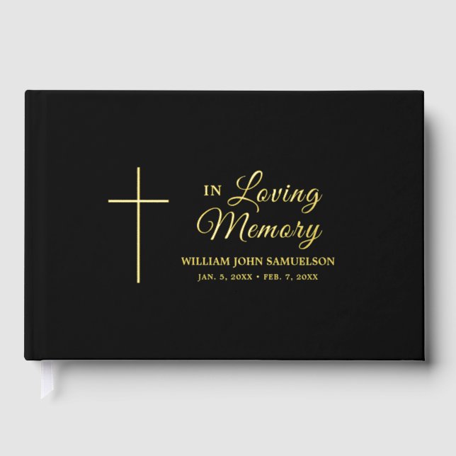 In Loving Memory Funeral Black Gold Cross Catholic Guest Book (Front)