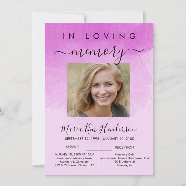 In Loving Memory Funeral Memorial Pink Photo Invitation (Front)