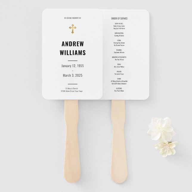 In Loving Memory Funeral Program Black White Hand Fan (Front and Back)