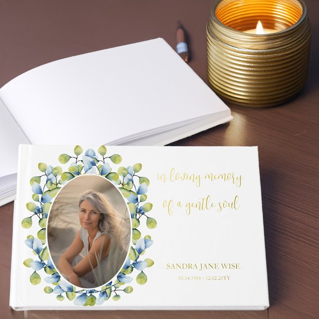 In Loving Memory Gentle Soul Memorial Photo Gold Guest Book (Gold Foil Memory Book with photo framed with greenery by Darling & May)