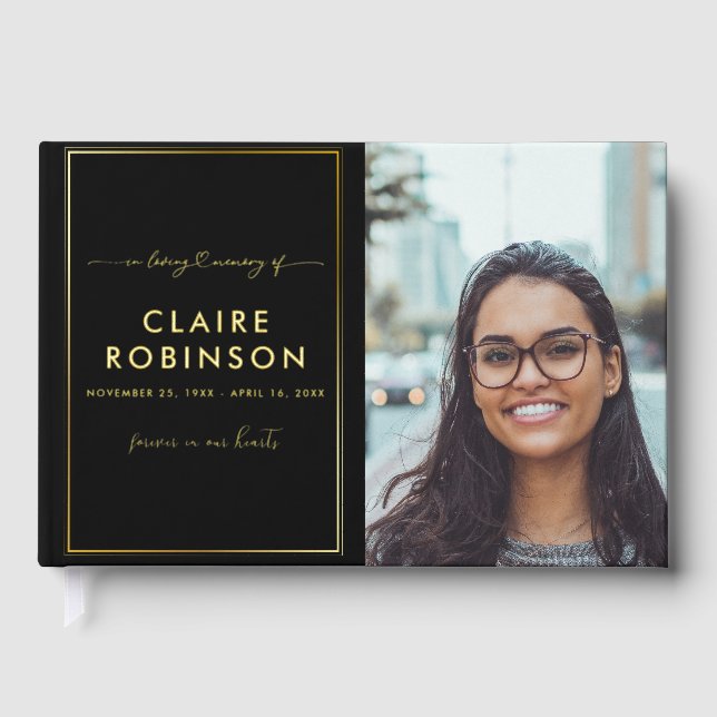In Loving Memory Gold Foil Photo Script Funeral Guest Book (Front)