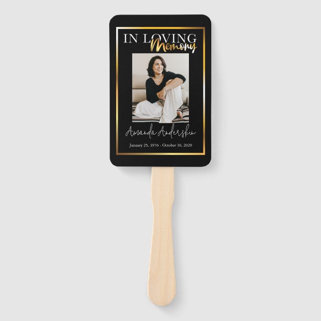 In Loving Memory Gold Funeral Memorial Photo Hand Fan (Front)