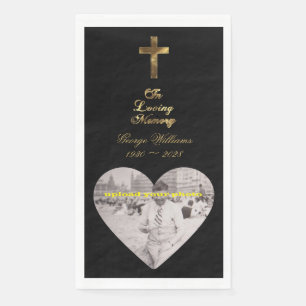 In Loving Memory Golden Cross Heart Shape Photo Napkin