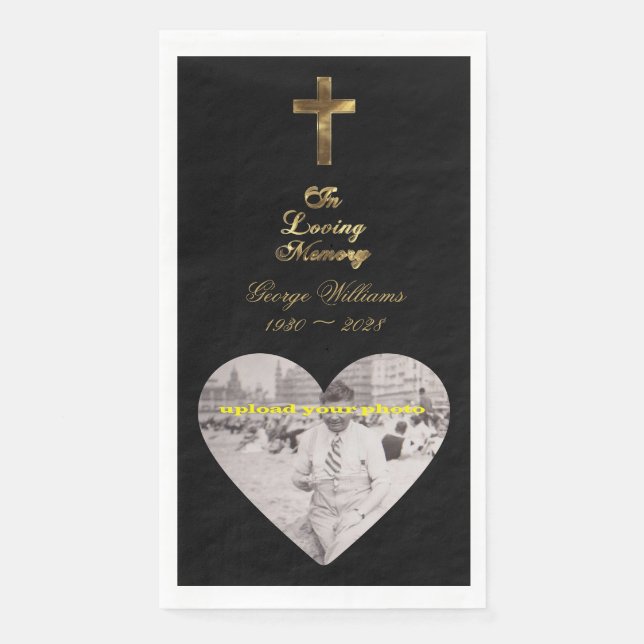 In Loving Memory Golden Cross Heart Shape Photo Napkin (Front)